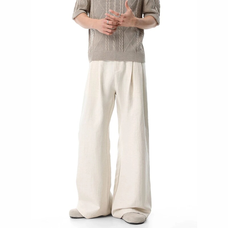 White Tencel Blend Linen Pants for Men with a Draping Feel, Old Money Style, High-End Straight Wide-Leg Trousers