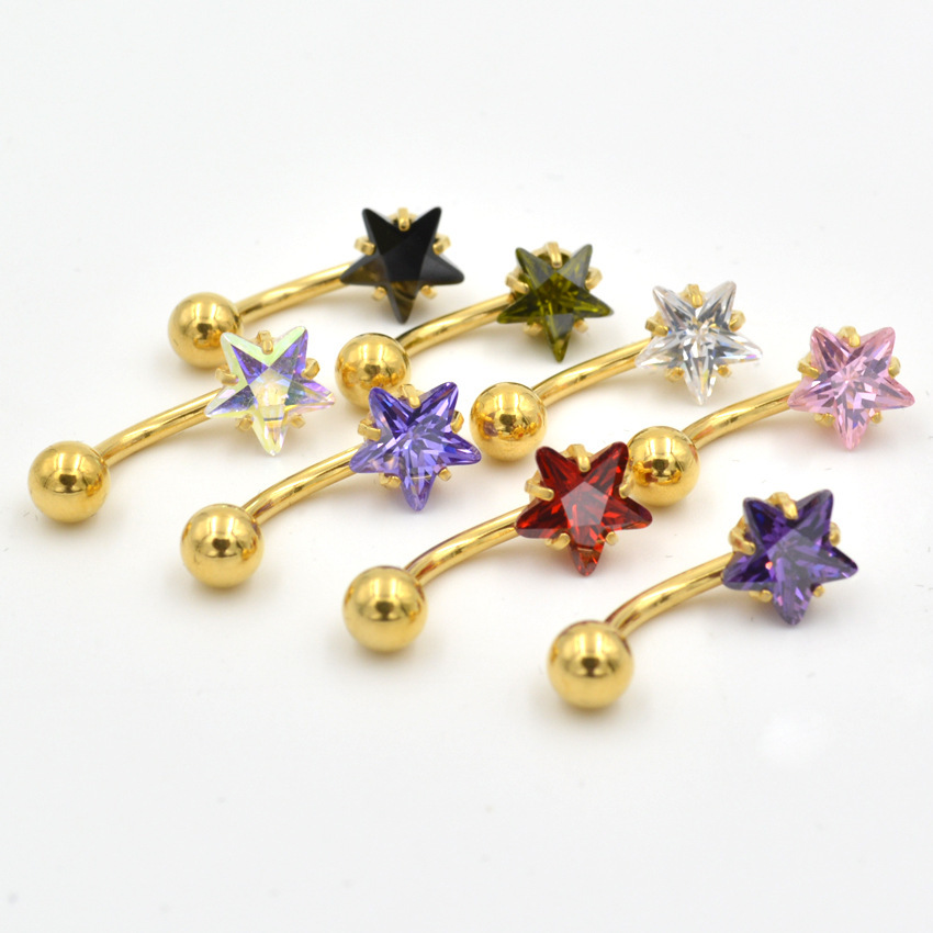Piercing per ombelico in acciaio inossidabile di grado AAA, con stella a cinque punte, nuovo anello per ombelico in zircone a forma di stella placcato in oro_voghion.com