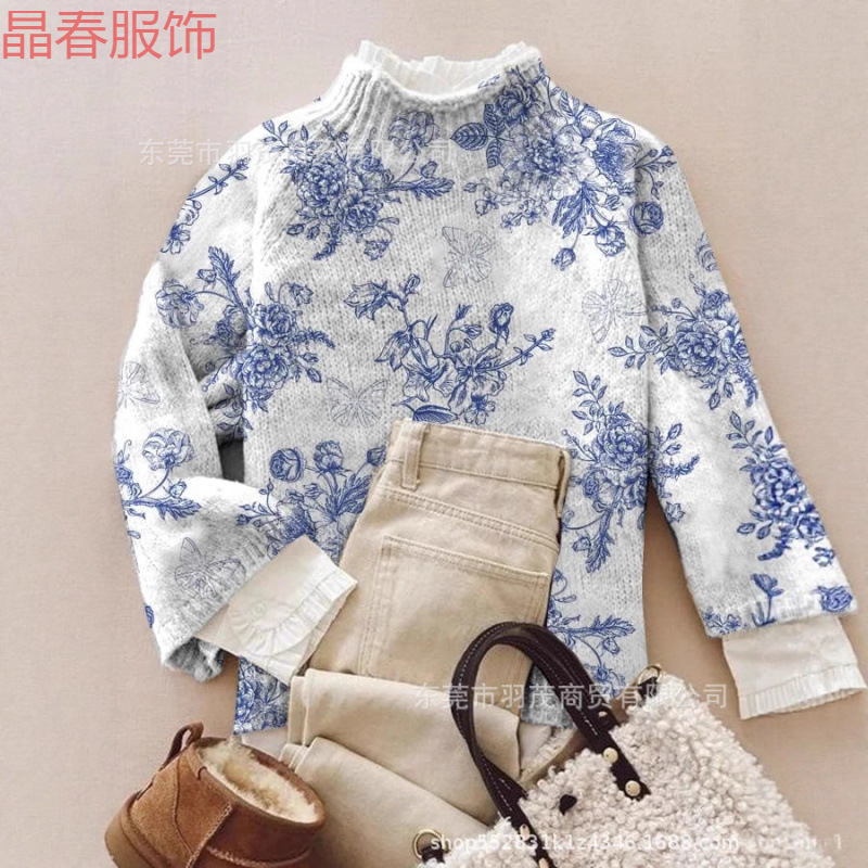 独立站新款高领复古花卉卫衣 秋冬季圣诞长袖翻领毛衣毛衣卫衣