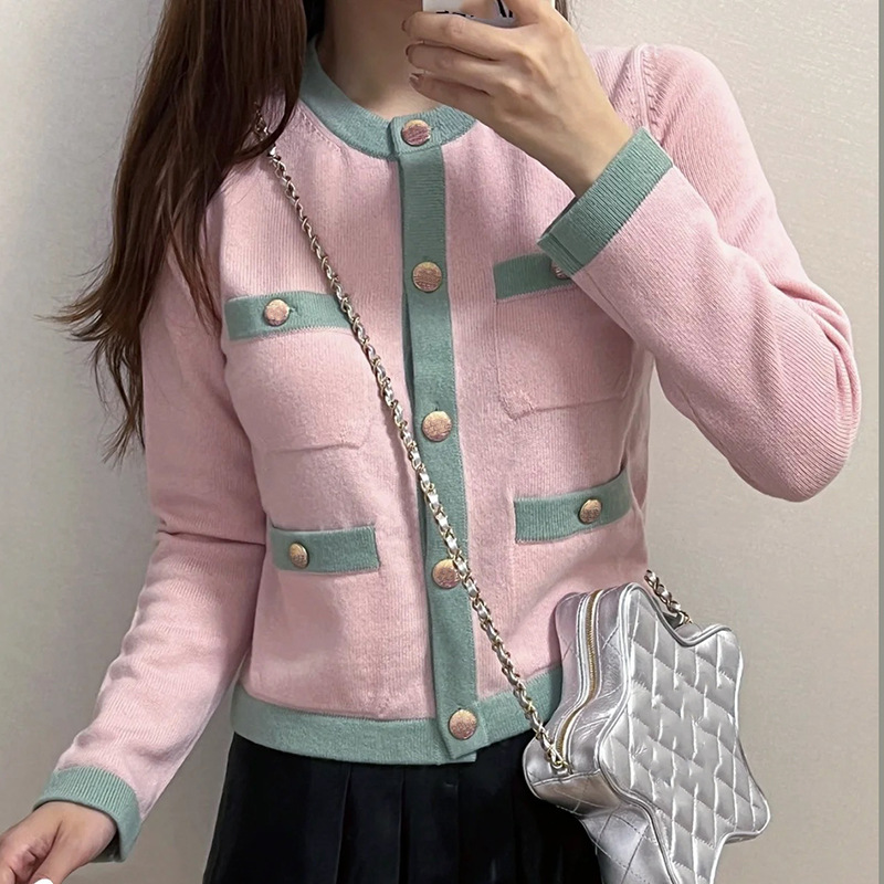 南油风2024早春新款 气质名媛风 修身撞色包边设计单排扣开衫女