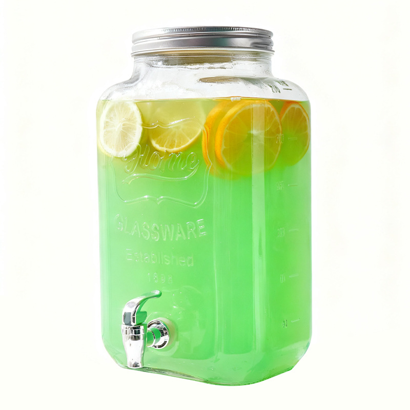 Barril de Coca-Cola, botella de vidrio con grifo, barril de bebida, jugo de limón, frutas, barril de té, barril de mezcla