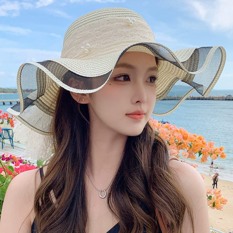 Wavy fresh cute big sun hat solar-powered with bow, wholesale