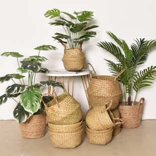 New Product Source Scandinavian Simple Foldableing Seaweed Woven Flower Basket Handmade Satchel Rattan Storage Basket Green Plant Size