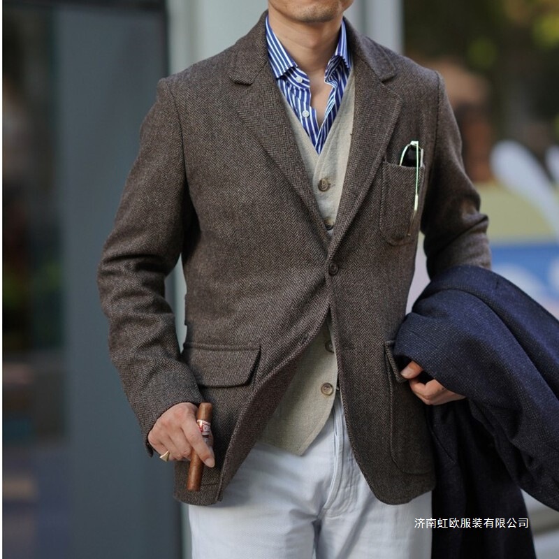 Autumn and Winter British Retro Style Tweed Wool Herringbone Casual Hunting Suit Jacket for Men, Plus Size Trendy Men's Fashion