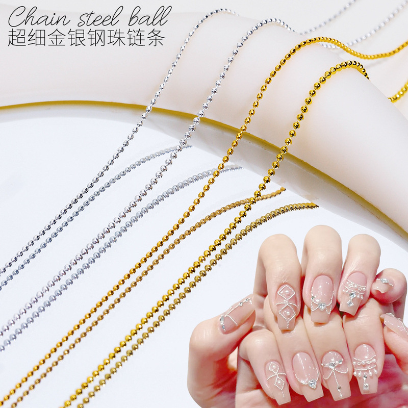Japanese-Style Nail Art Chain Gold and Silver Small Steel Beads Thin Chain 50cm Bagged Trendy Metal Nail Accessories Japanese-Style Nail Art Chain Gold and Silver Small Steel Beads Thin Chain 50cm Bagged Trendy Metal Nail Accessories