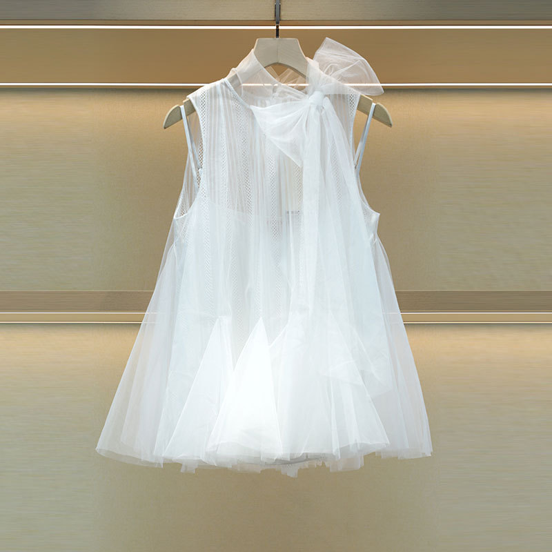 Mo Shu Wei Ya 2025 Spring and Summer New Sweet Collar Bow Lace Sleeveless Lace Mesh Shirt 3702C
