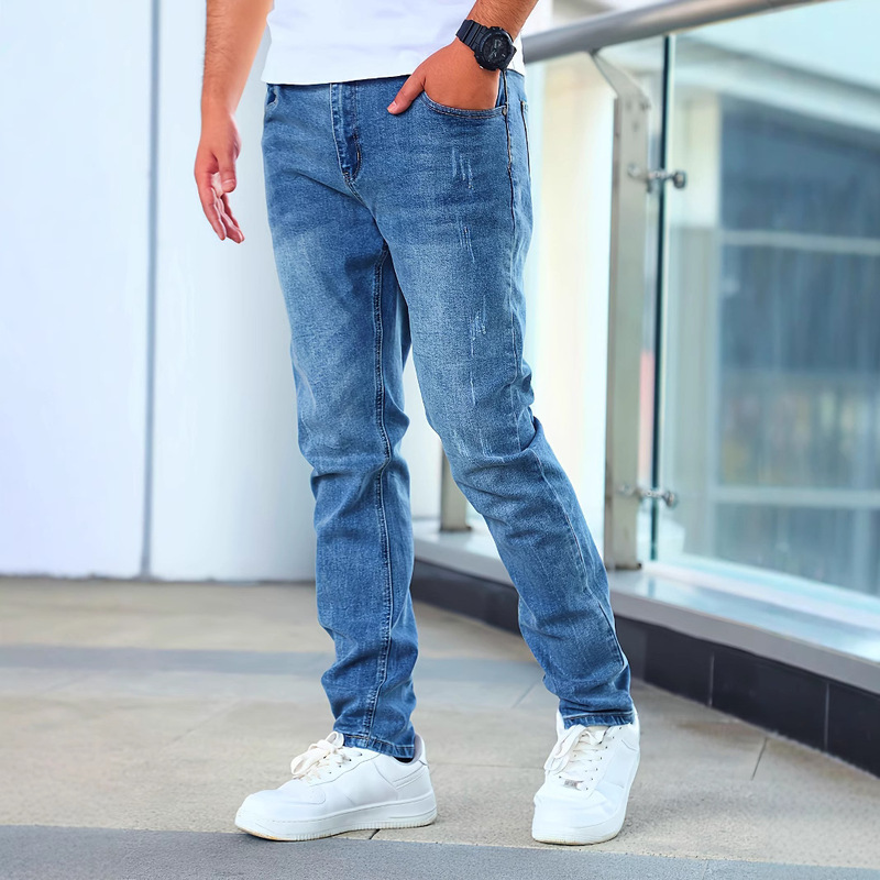 European and American Cross-Border Men's Fashion Jeans Suitable for All Seasons, Elastic, Simple, Multi-Craft Slim Blue Men's Pants