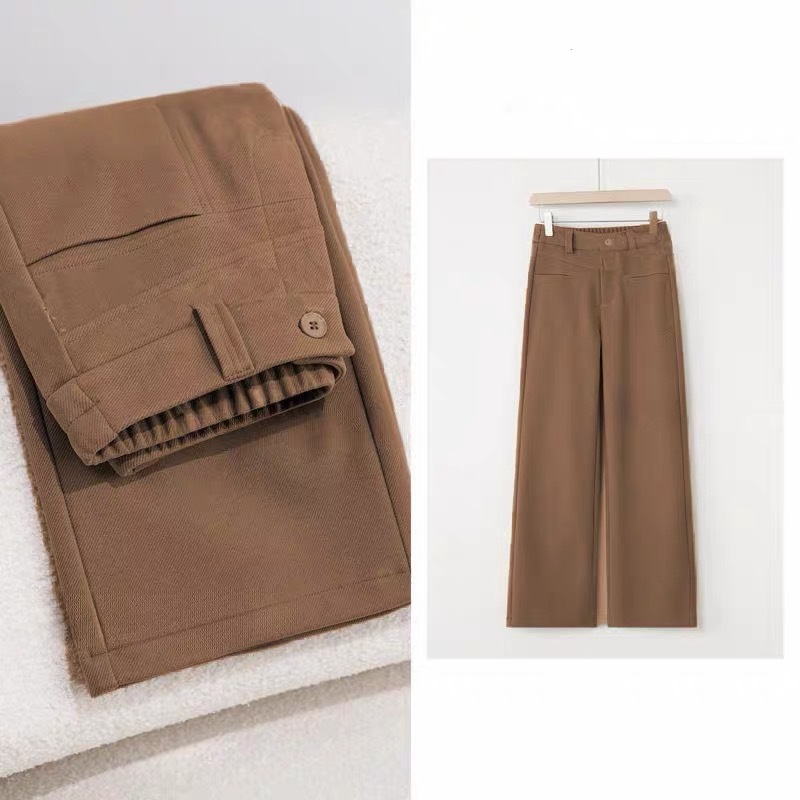 Meilade Brown Casual Pants 2025 High-Waisted High-End European Fashion Stylish Loose Fleece-Lined Straight Wide-Leg Pants