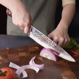 Qiao Daughter-In-Law Cross-Border Hot Sale Selected 5Cr15Mov Mirror Light Hammer Pattern Design 8inch Color Wood Handle Chef's Knife