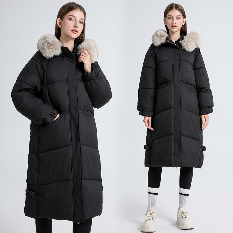Women's Clothing jacket new winter women's long knee length cotton padded coat with large fur collar, thickened and warm cotton padded coat_voghion.com
