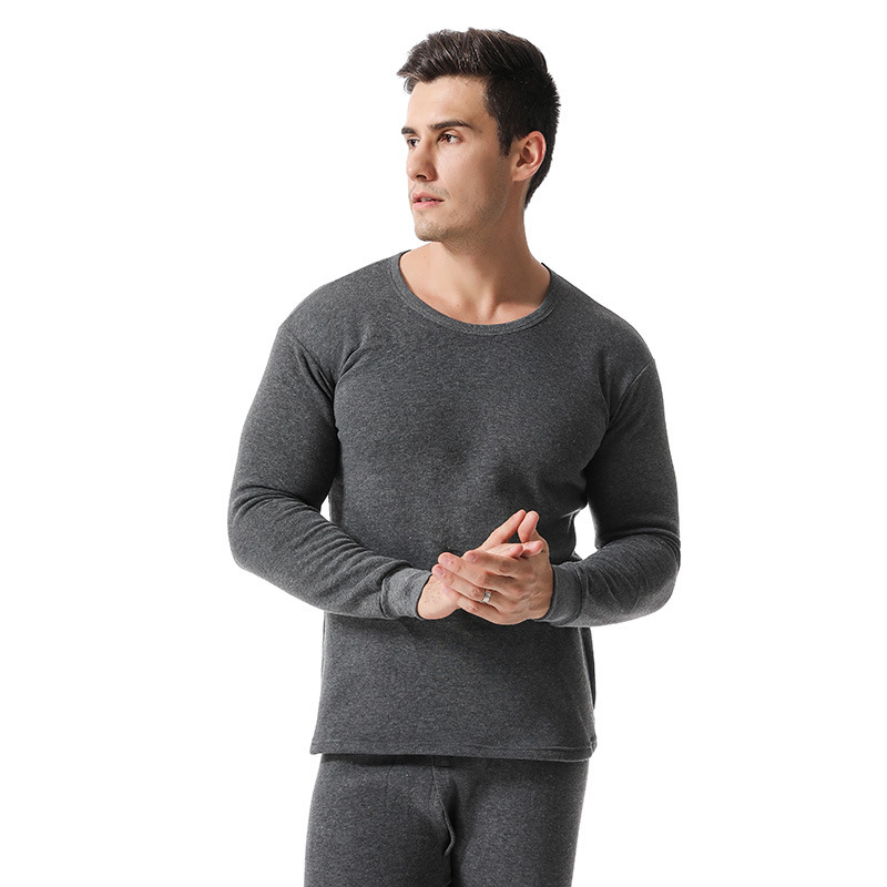 Men's Solid Color Thermal Fleece Round Neck Underwear Set Autumn Clothes and Pants/Street Stall Supply Manufacturer Wholesale