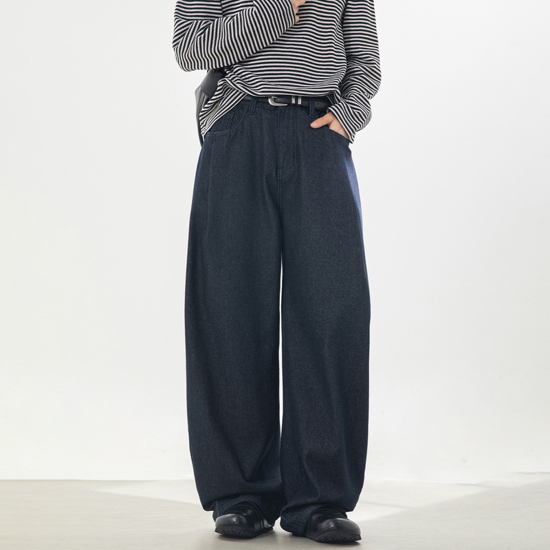 Vintage Raw Denim 3D Pleated Washed Jeans, New Spring Style with Magic Tape Cuffs, Loose Casual Long Pants Vintage Raw Denim 3D Pleated Washed Jeans, New Spring Style with Magic Tape Cuffs, Loose Casual Long Pants