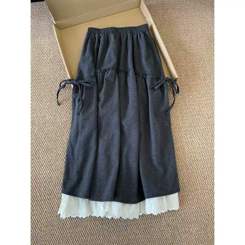 设计感拼接蕾丝半身裙女秋季毛呢长裙大码胖mm高腰显瘦韩系 a字裙