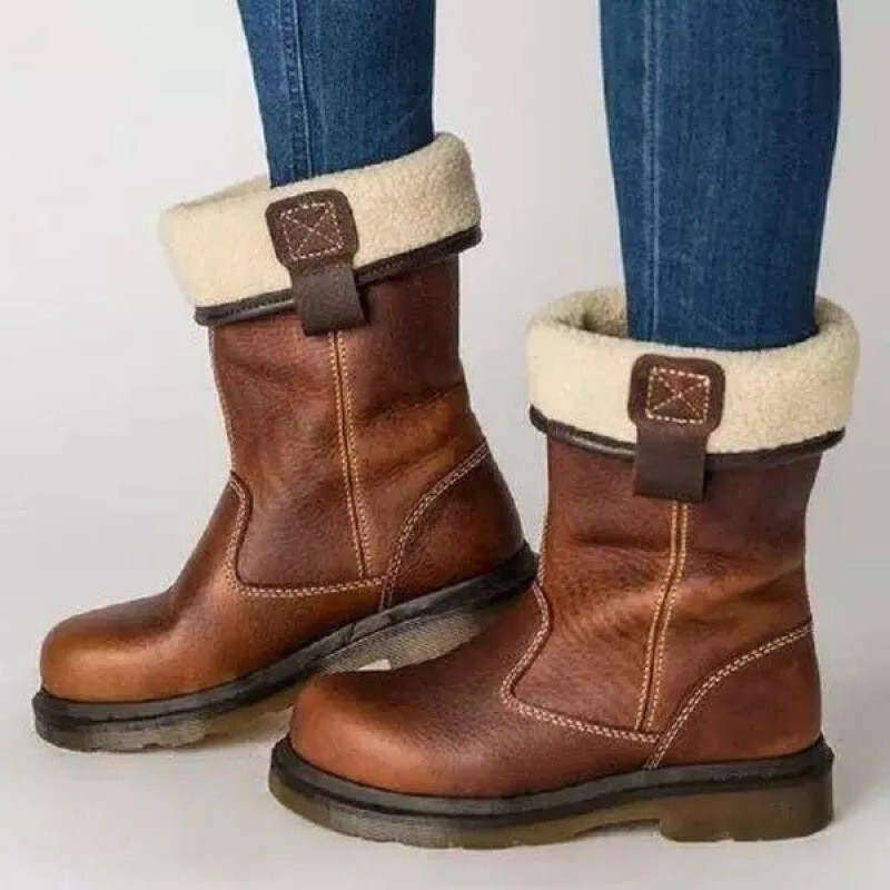Aliexpress Wish Foreign Trade Winter New European and American Style Round-Toe Pu Flat-Soled Flip-Up Women's Large Size Short Boots 34-43