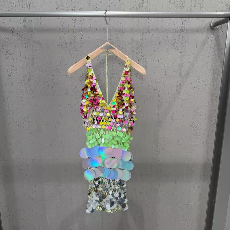 2026 new cross-border ins resort style heavy-duty colorful sequin handmade mesh halter neck backless sexy dress 2026 new cross-border ins resort style heavy-duty colorful sequin handmade mesh halter neck backless sexy dress