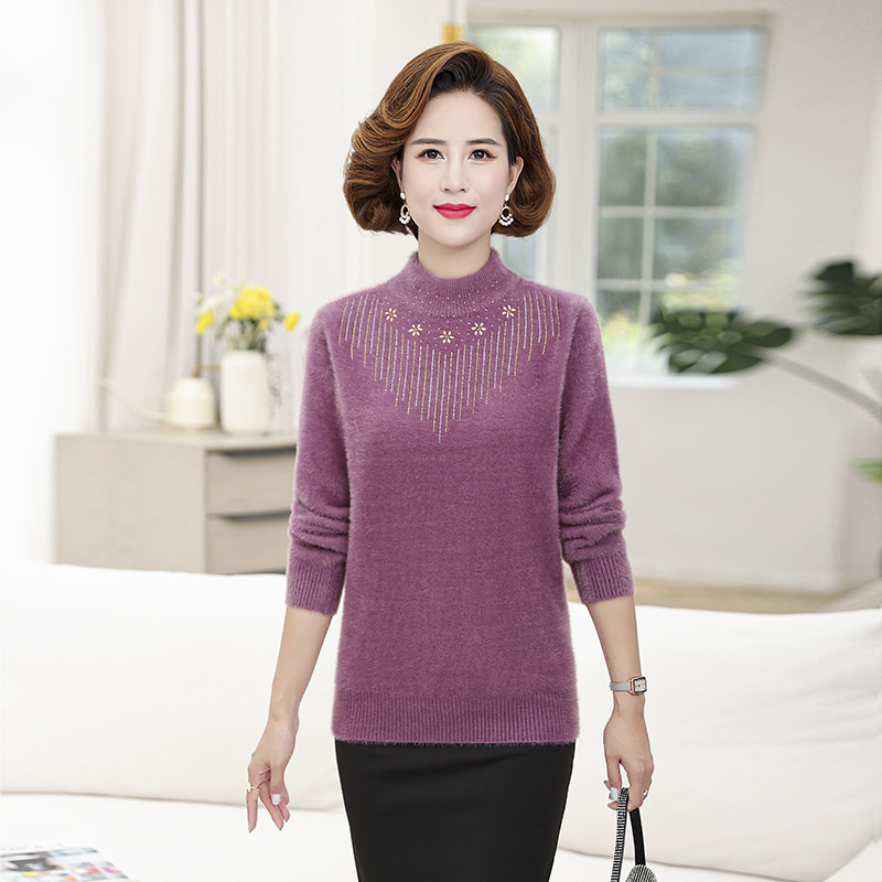 中年女装半高领仿貂毛衣妈妈加厚保暖烫钻衣服女士纯色大码打底衫