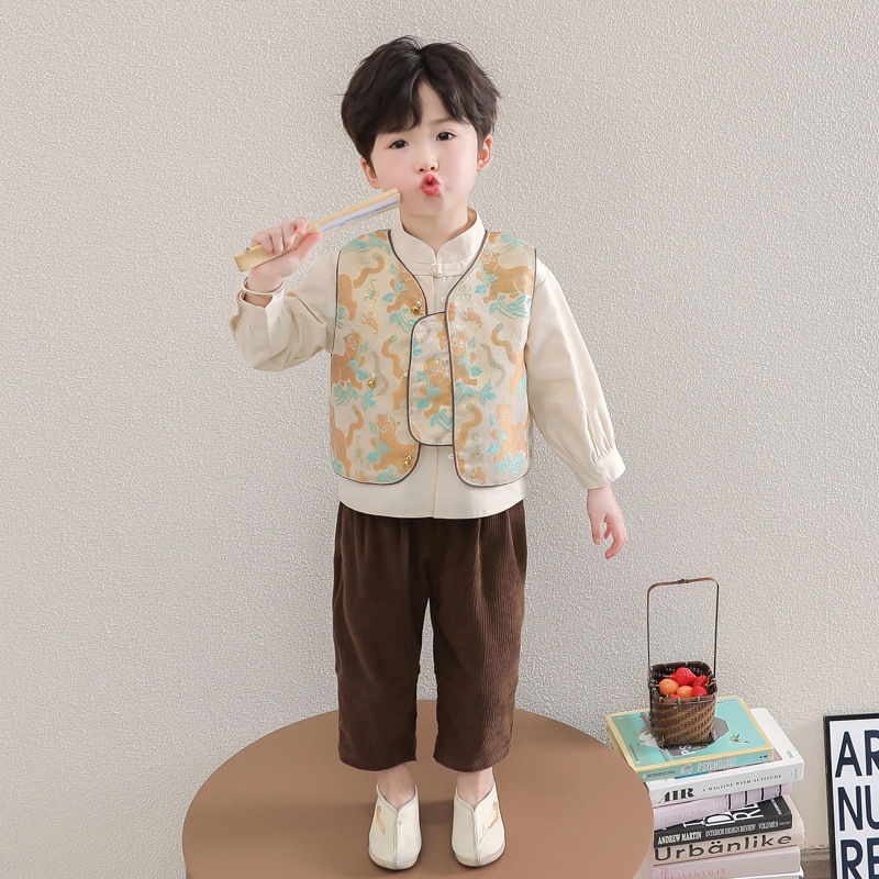 男童唐装新中式套装小孩春秋款汉服儿童套装宝宝中国风周岁三件套|undefined