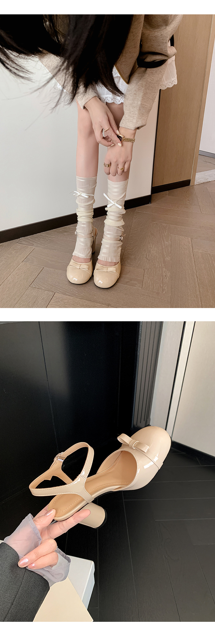 Sandal cao gót nữ mũi nhọn quai ngang nơ bướm, gót vuông ổn định — màu đen, Rượu vang đỏ, màu mơ chi tiết 15