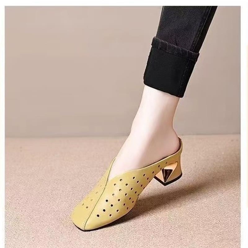 Mueller zapatos cuadrados de tacones gruesos para mujeres 2026 verano nuevos zapatos de agujero de cuero suave con cabeza de bolsillo medio zapatos de transporte universal image 3