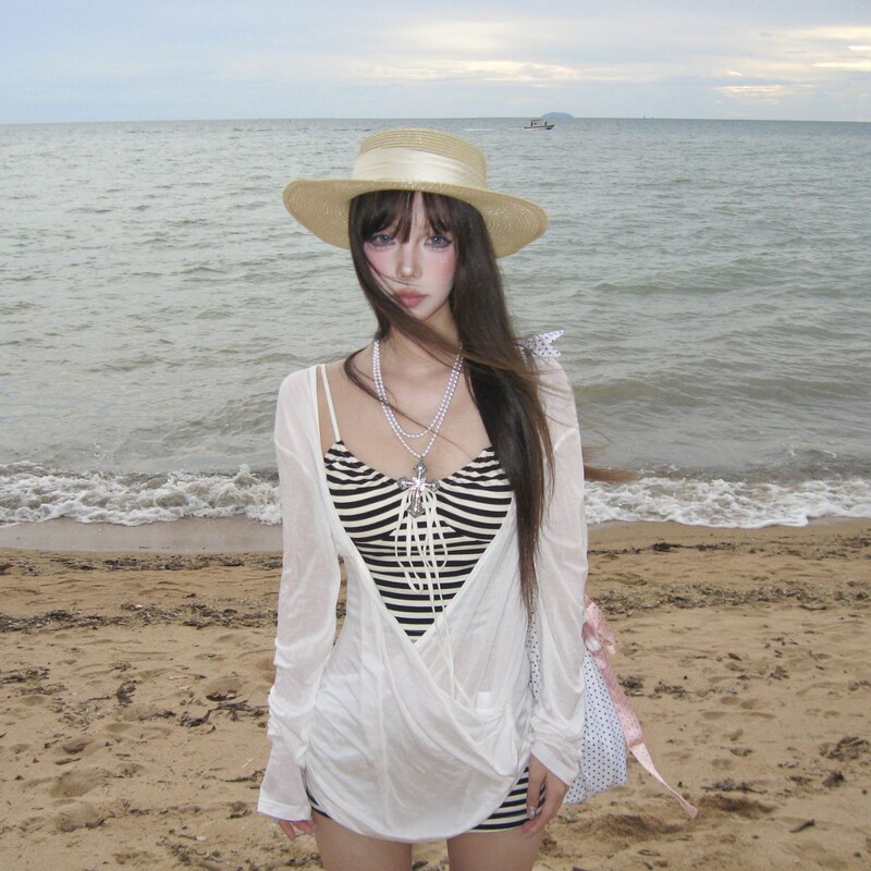 Source Manufacturer High-Looking Pure Desire Long-Sleeved Blouse Sun Protection Bikini Striped Split Swimsuit Island Resort Hot Spring