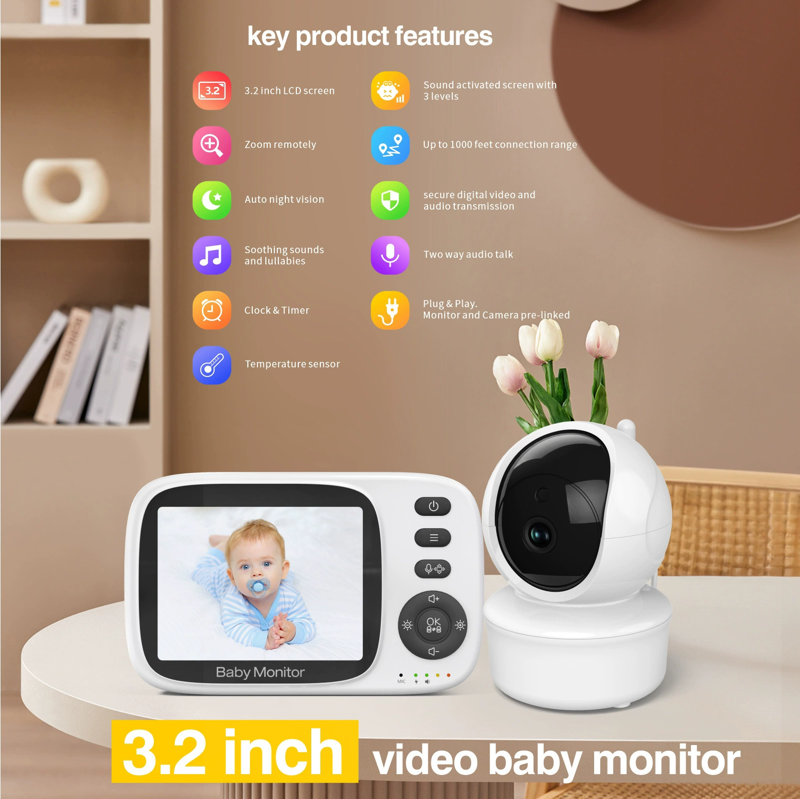 Монитор для младенца 3.2 дюйма MC632A-PTZ, голосовой интерком, lullaby, умный домашний монитор для ребенка