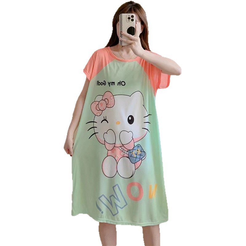 Camisón de las mujeres del verano Delgado manga corta nueva línea rojo estilo pijamas dibujos animados lindo señoras vestido flojo desgaste hogar