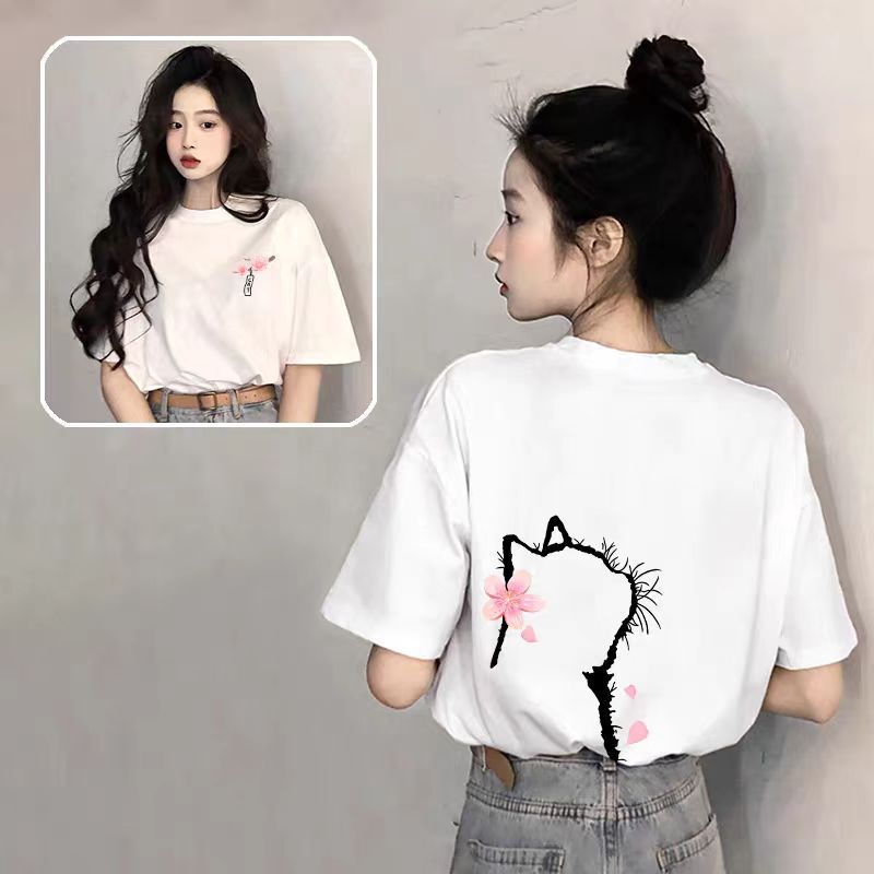 ピュアコットンブラックラウンドネック半袖レディースTシャツ2025新しいホットスタイル夏ルーズアメリカンプリントトップTシャツトレンディ|undefined
