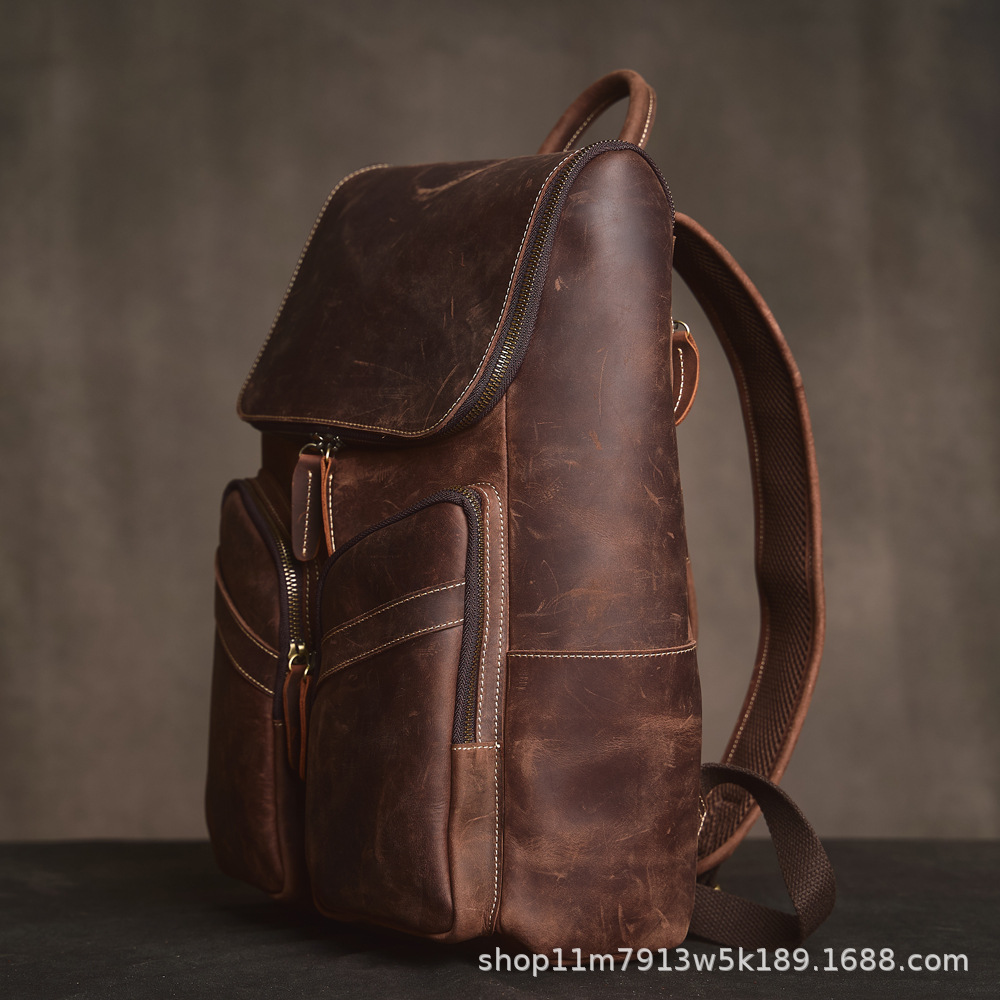 Venta al por mayor transfronteriza de mochilas de piel de caballo loca retro bolsos de cuero multipropósito al aire libre para hombres bolsos de computadora de 14 pulgadas para hombres