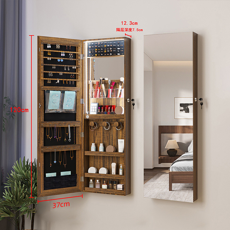 Espejo de piso con lámpara para almacenar espejo de vestir, espejo de cuerpo entero colgado en la pared, joyería doméstica multifuncional para almacenar detrás de la puerta del gabinete de espejo del dormitorio