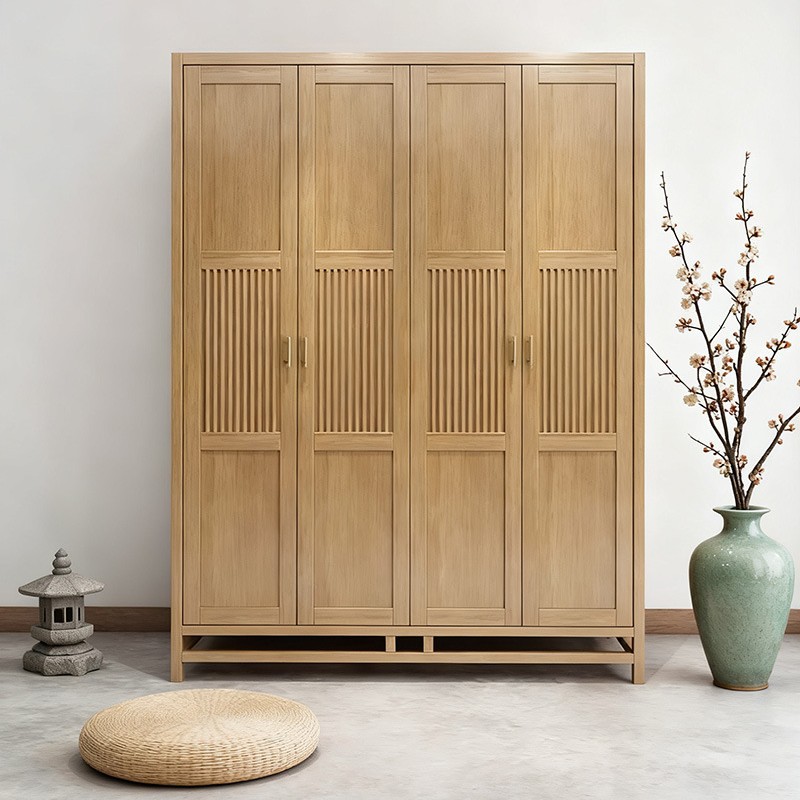 New Chinese Style Home Bedroom Solid Wood Wardrobe Simple Zen Style Two-Two-Four-Six Door Combination Storage Large Wardrobe Furniture