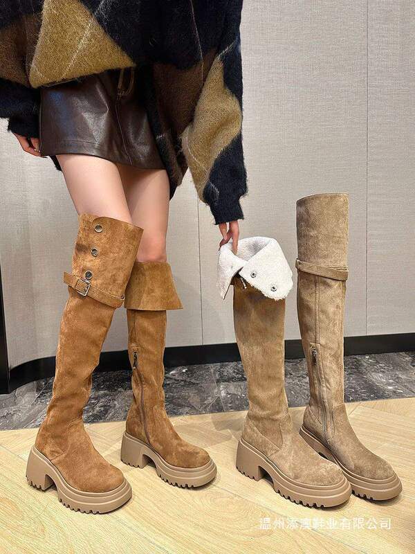 Vintage Brown Dual-Wear Thick-Soled Height-Increasing Western Boots, Autumn and Winter Suede High Boots, Chunky High-Heeled Over-The-Knee Long Boots for Women Vintage Brown Dual-Wear Thick-Soled Height-Increasing Western Boots, Autumn and Winter Suede High Boots, Chunky High-Heeled Over-The-Knee Long Boots for Women