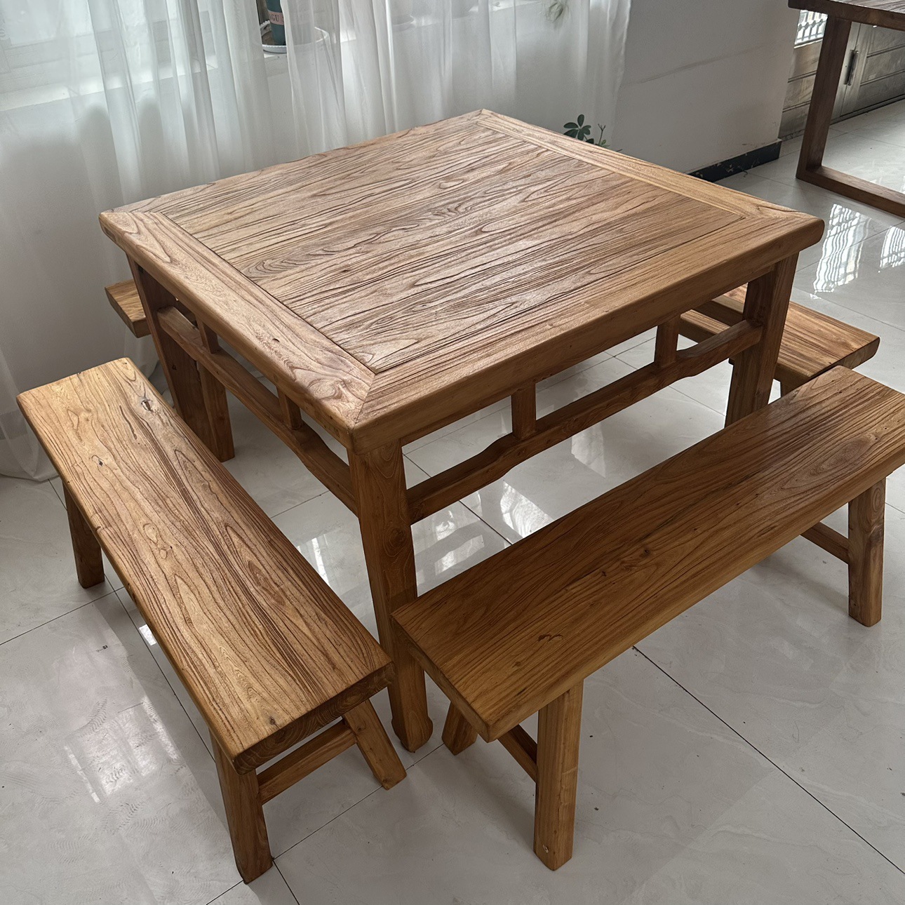 Old Elm Square Table, Eight Immortals Table, Dining Table Set, Solid Wood Tea Table, Chinese Table and Chair Combination, Retro B&B Weathered Elm