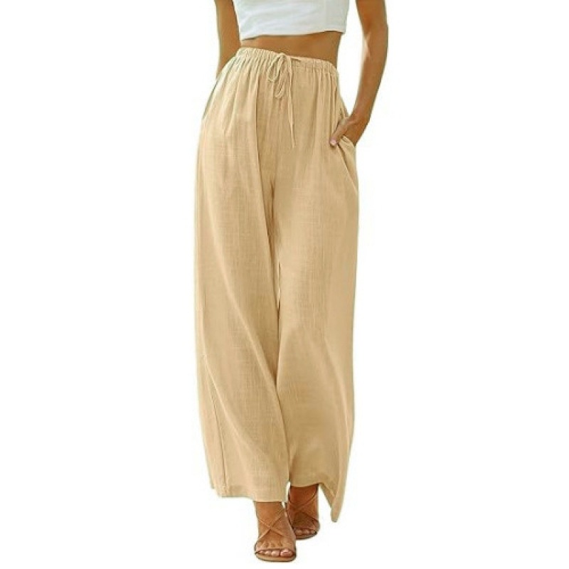 Relaxed Fit Wide Leg Pants for Women Linen Blend Drawstring Waist Pockets plus Size Available_ecoleips.com