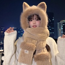 帽子围巾手套三件套冬季女士围巾一体毛绒绒帽骑行狐狸耳朵护耳帽