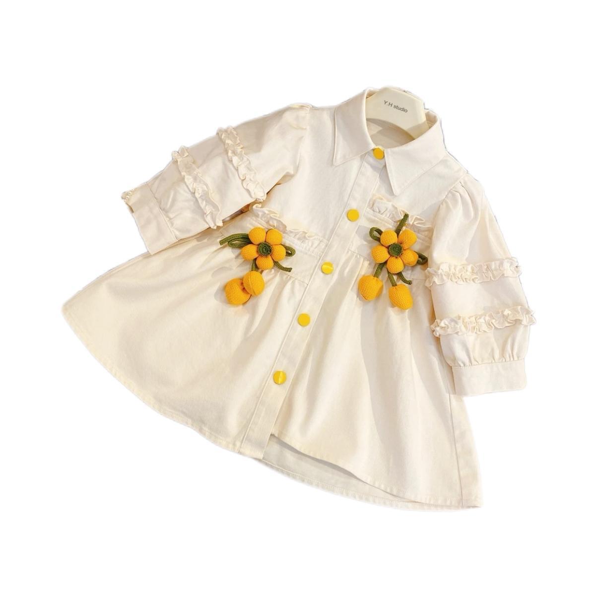 Vestido camisero de flores para niñas, ropa de primavera y otoño 2025, vestido de solapa de manga abullonada coreana para niños, vestido de princesa