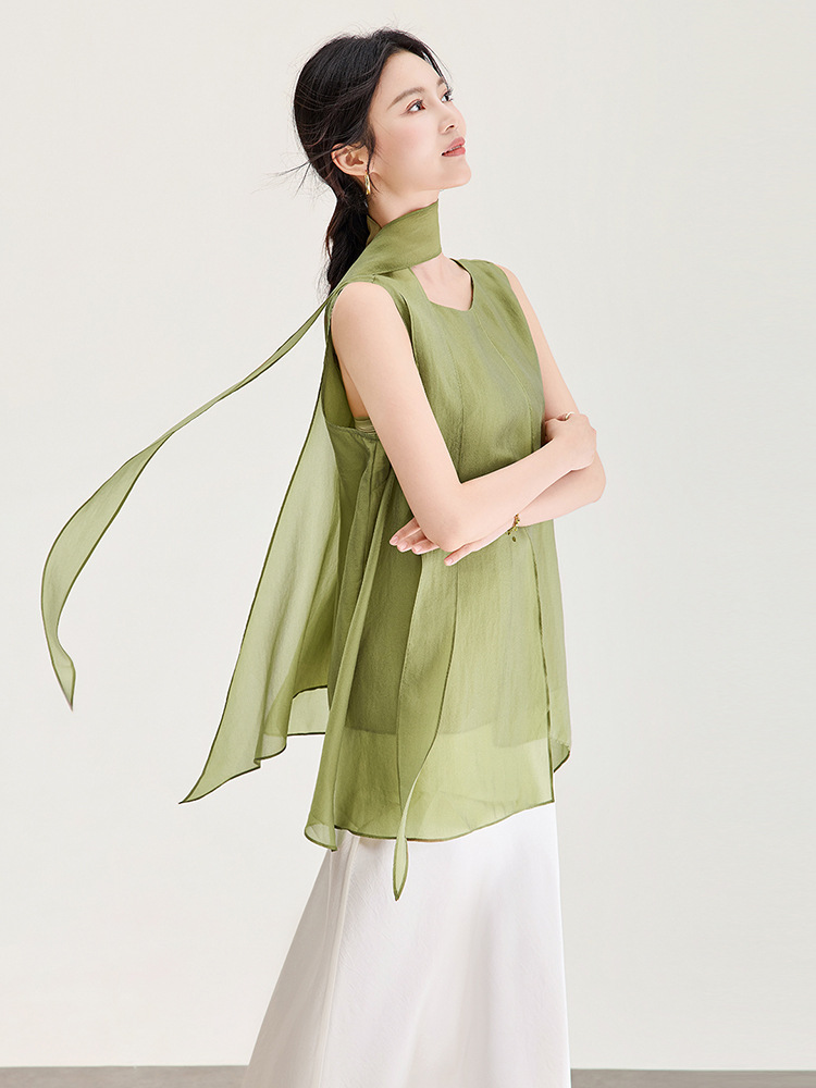 Áo hai dây nữ chất liệu satin phối dải ruy băng và tà bất đối xứng — xanh lá cây