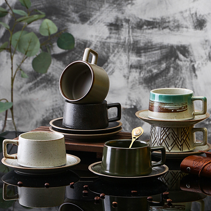 Cross-border Creative Japanese Vintage Coffee Cup and Saucer Set Ceramic Water Cup Mug Milk Cup with Spoon Tableware Commercial
