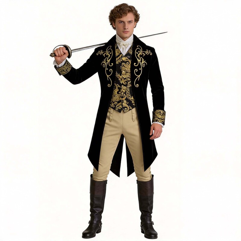 Steampunk Men's Tailcoat European Retro Gold Velvet Gold-Printed Gothic Style Stage Performance Costume