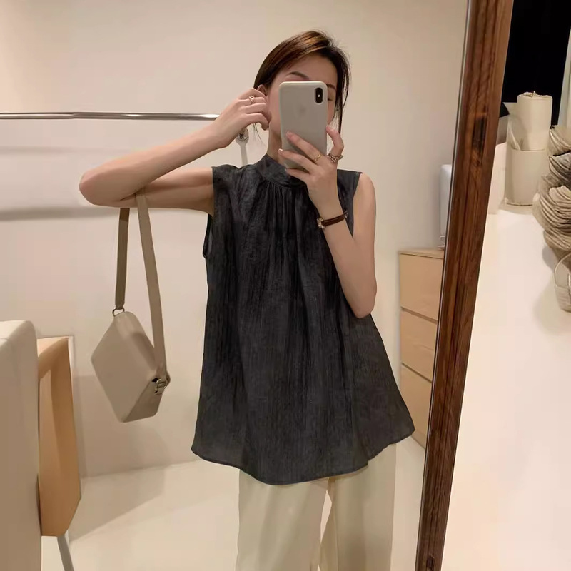 2024 Summer New Style Sleeveless Shirt with Vertical Collar for Women Fashionable Elegant Lace-up Tie-dyed Vest Top