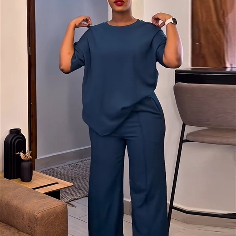 European and American Cross-Border Women's Clothing 2025 New Autum Casual Pure Color Round Neck Loose Short-Sleeved T-Shirt Wide-Leg Pants Suit