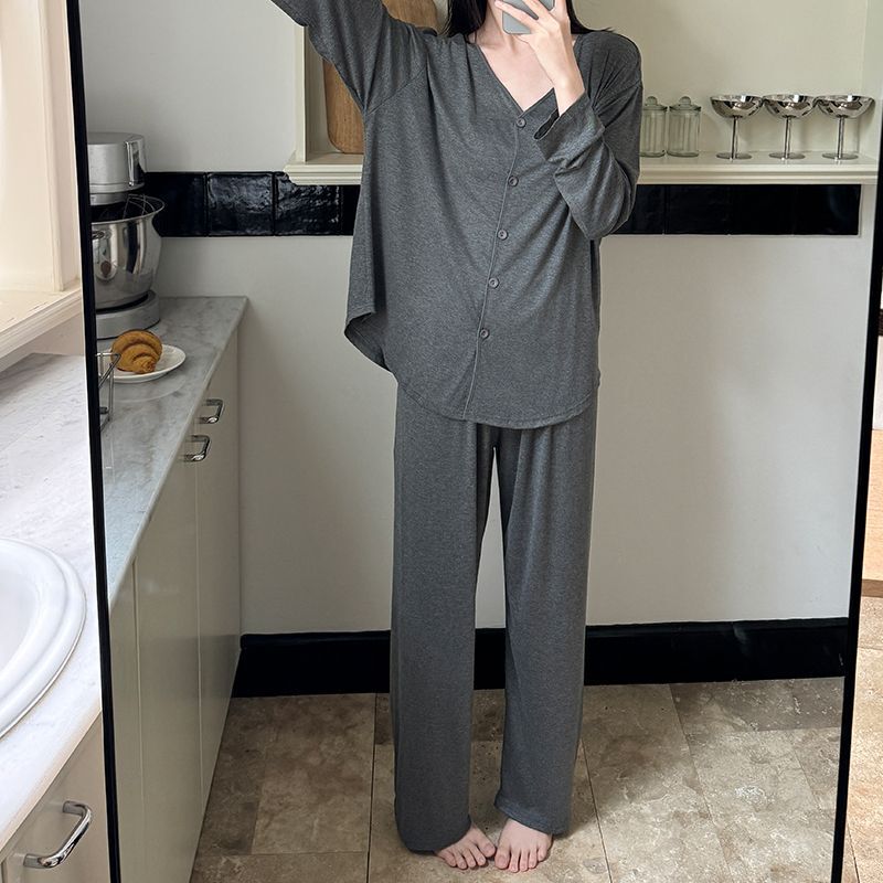 人棉睡衣女款春秋季韩系慵懒风简约开衫长袖两件套装家居服可外穿|undefined