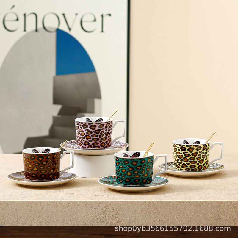 European and American Sexy Leopard Print Coffee Cup Large Capacity Coffee Cup Saucer Spoon Ceramic Afternoon Tea Set Cross-Border Cup and Saucer Set