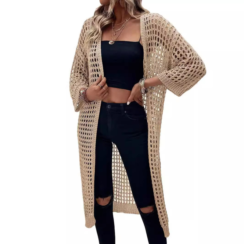 2024 Summer Women's New Amazon European and American Cross-Border Foreign Trade Outer Jacket Cut Out Knitted Long Cardigan Sun Protection Clothing 2024 Summer Women's New Amazon European and American Cross-Border Foreign Trade Outer Jacket Cut Out Knitted Long Cardigan Sun Protection Clothing