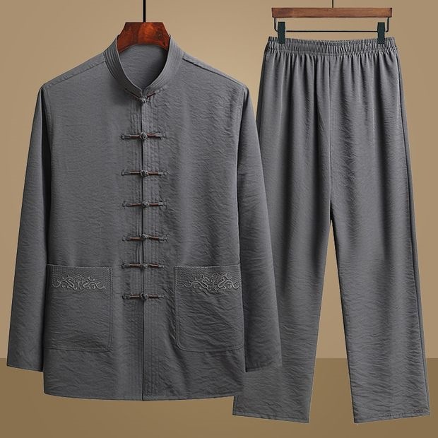 White Pillow Crane Spring/Summer Men's Tang Suit Long Sleeve Set for Middle-aged and Elderly Fathers, Autumn Two-Piece Set, Retro Grandfather Outfit, Hanfu