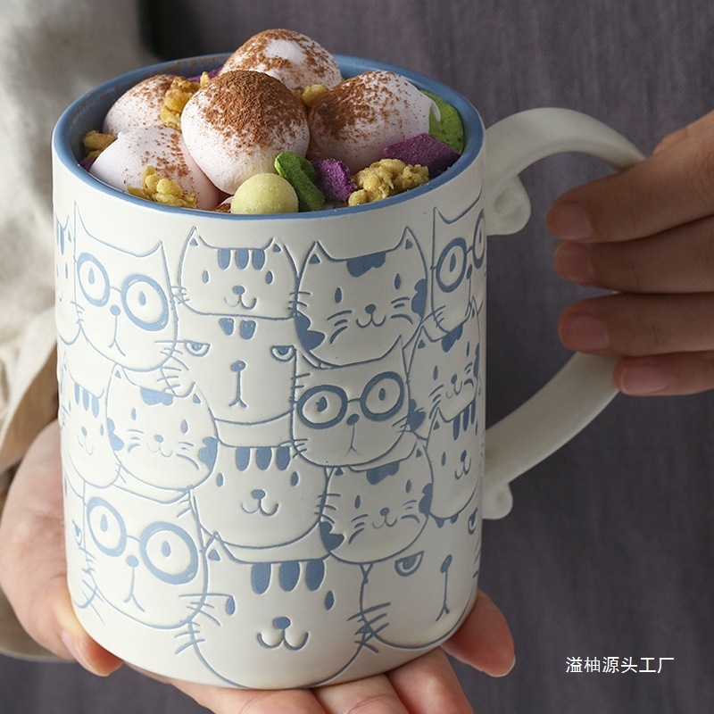 セラミック下絵色手描きかわいい猫マグドリンクカップ朝食カップオートミールカップカップルマイクロオーバーフロー|undefined