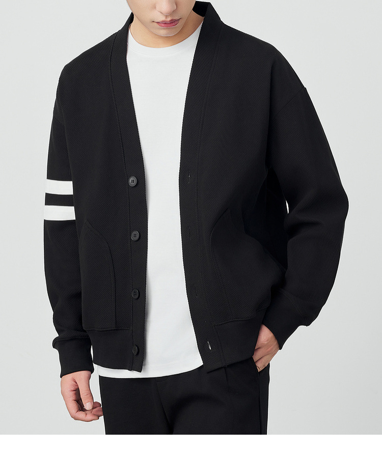 Áo khoác cardigan nam vải tuýt phối sọc tương phản kiểu mới — Màu đen chi tiết 21