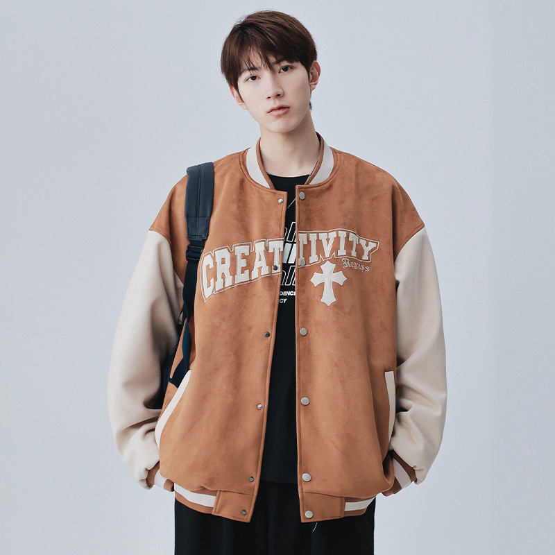 American retro letras bordadas chaqueta de béisbol de pelusa de moda hombre chaqueta de pareja suelta 23002