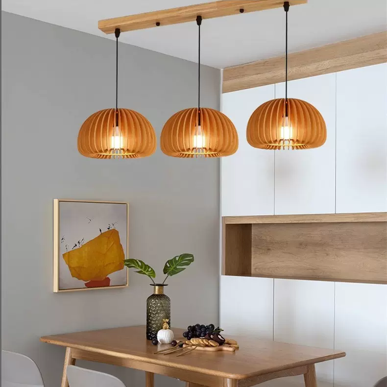 餐厅灯北欧南瓜吊灯日式复古卧室灯原木创意民宿木艺南瓜灯D2101