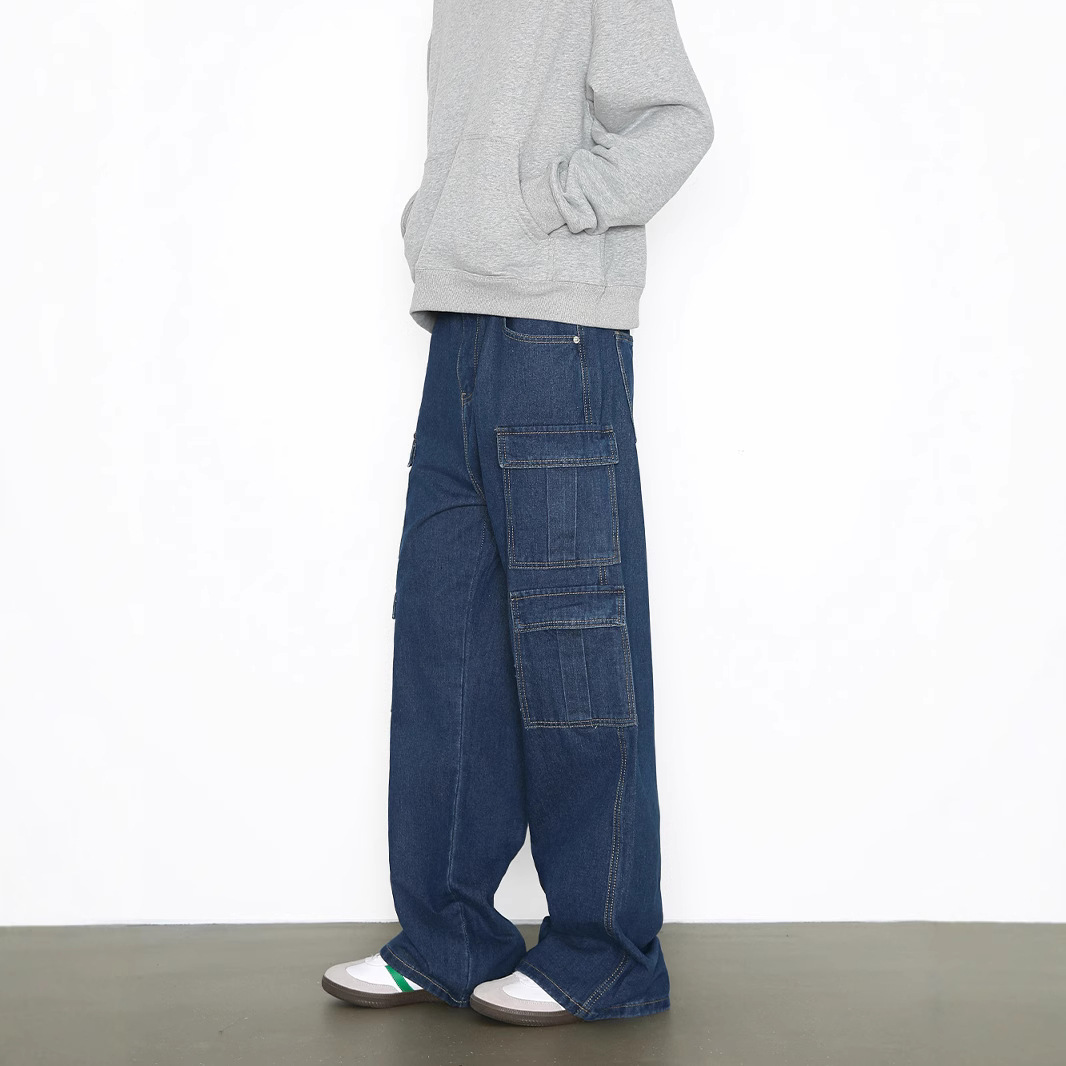 Vintage Washed Denim Cargo Pants - Relaxed Fit Multi-Pocket Workwear Jeans For Men_mkmklike.com