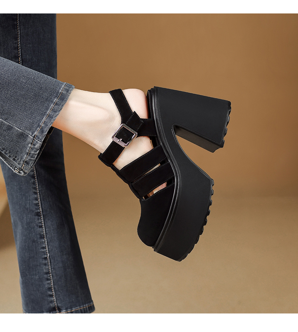 Sandal cao gót nữ mũi kín quai T đế xuồng phong cách La Mã — Da cừu lông đen, Da bò đen chi tiết 8